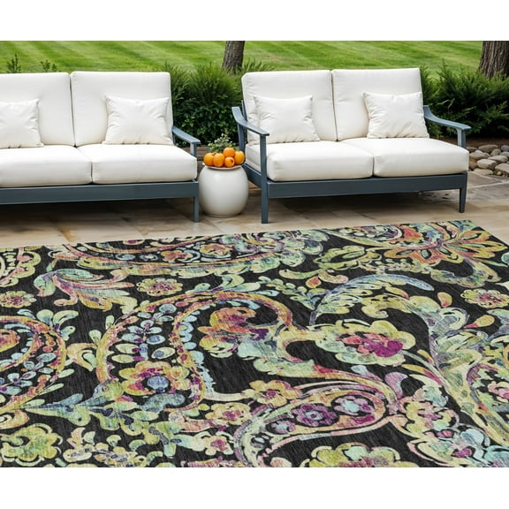 HomeRoots 588597 8 x 10 ft. Paisley Washable Indoor & Outdoor Rectangle Area Rug, Black & Artichoke Green