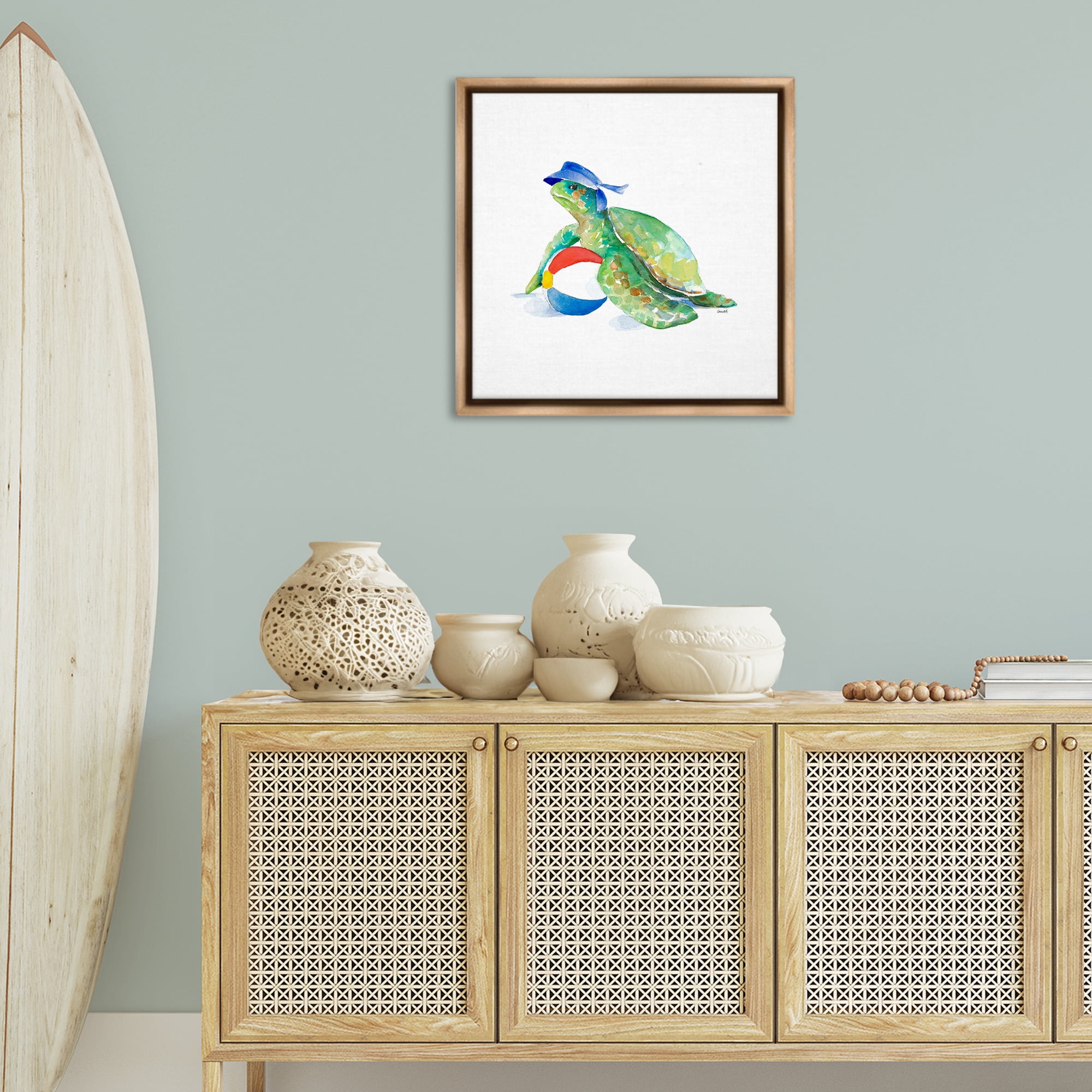 Stupell Industries Turtle & Beach Ball Novelty Painting Brown Floater Framed Canvas Art Print Wall Art, 25 x 25