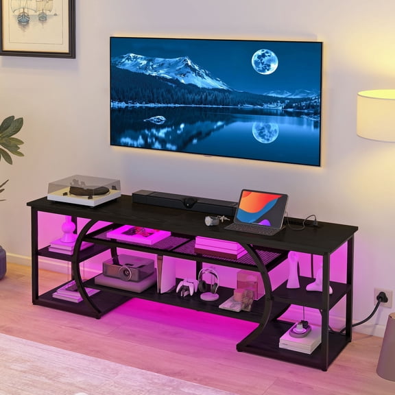 Uforic TV Stand for Up to 70-Inch TVs, Modern Black Entertainment Center with Power Outlets & RGB LED Lights, Media Console Cabinet with Storage for Living Room