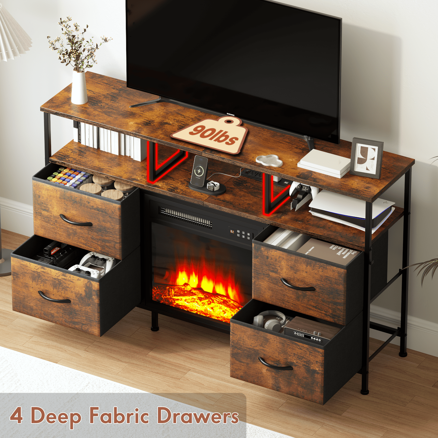 Waleaf Fireplace TV Stand with Fireplace, 49" Entertainment Center up to 55 inch TV,Dresser for Bedroom, Living Room with Power Outlets & LED Lights