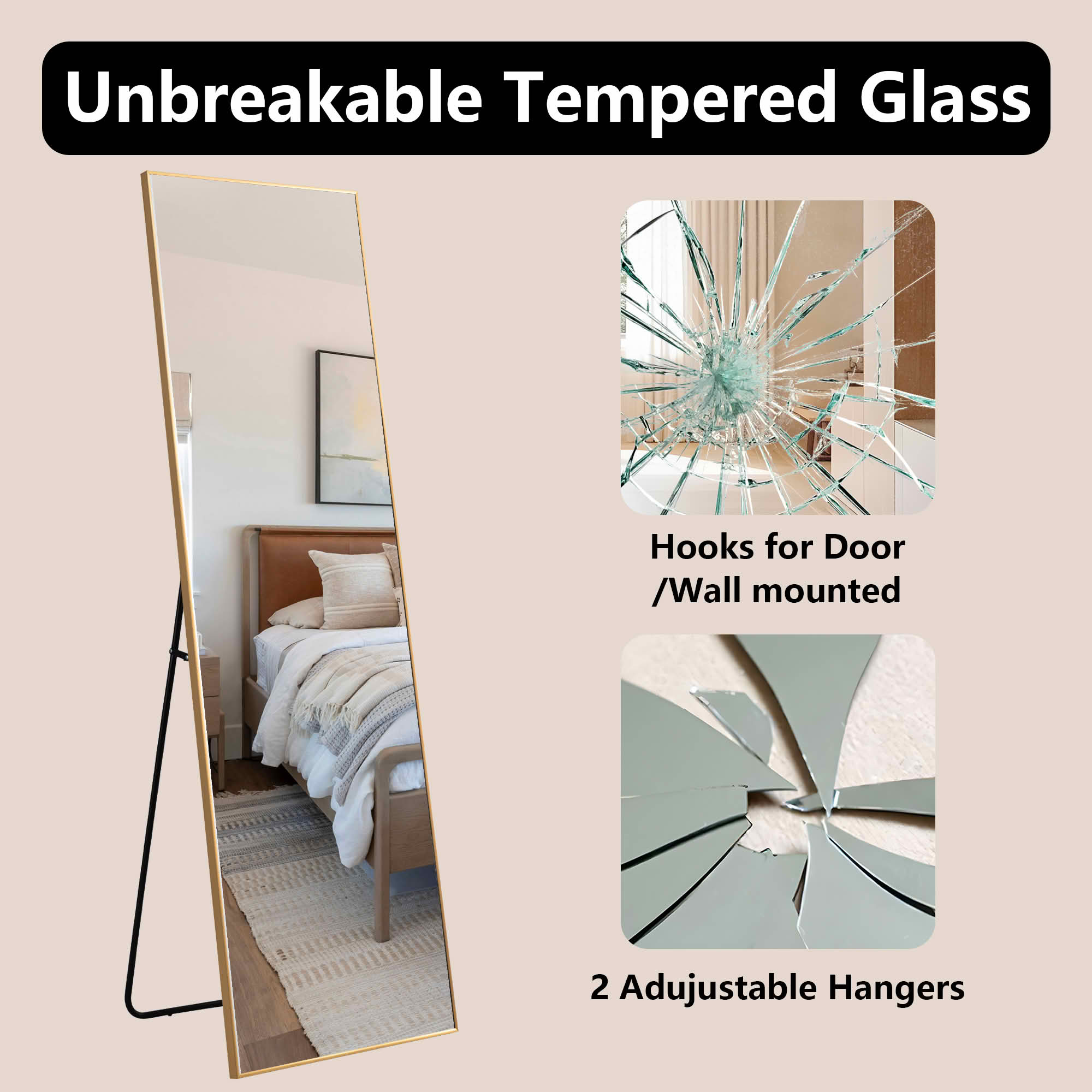 MAYEERTY 64"x21" Aluminum Right Angle Full-Length Mirror, Tempered Glass With Stand, Gold