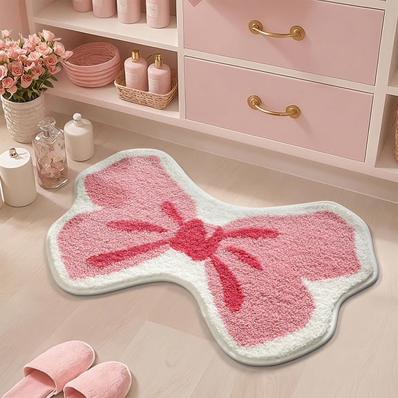 Ultra Soft Pink Bowknot Bathroom Rugs 20x31 Inch, Non-Slip Shaggy Bow Bath Mat, Absorbent Microfiber, Machine Washable Mats for Bathroom Bedroom Kitchen Decor