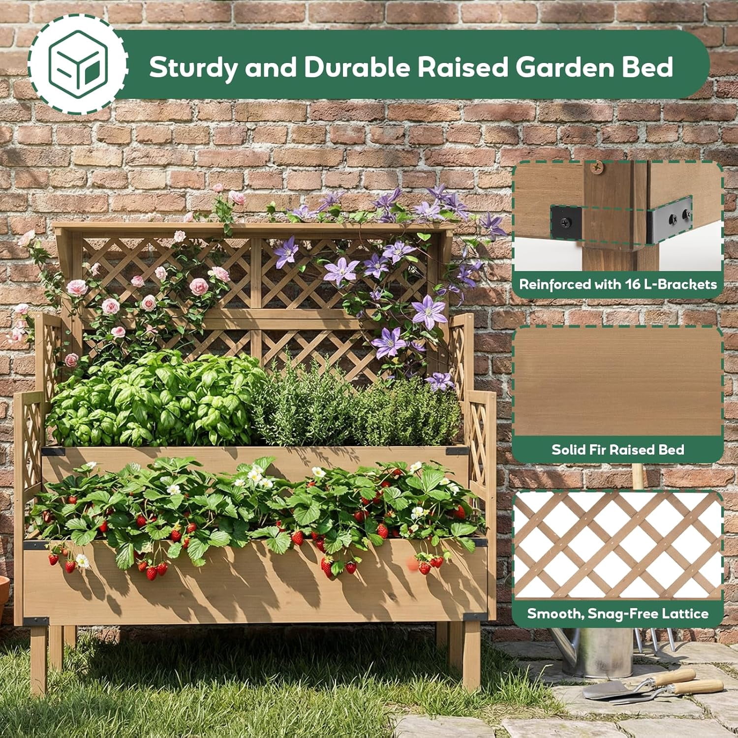 PETSCOSSET Raised Garden Bed with Trellis & Top Shelf, Outdoor Elevated Planter Box for  Plants, Vegetables, Herbs