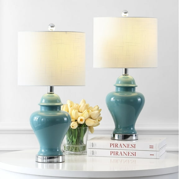JONATHAN Y Qin 22" Ceramic/Iron Classic Cottage LED Table Lamp, Jade Green (Set of 2), JYL6602A-SET2