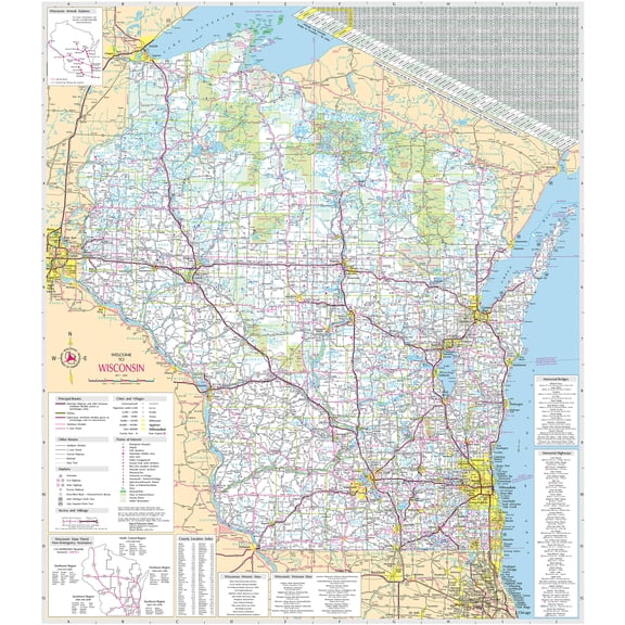 24x27in Wisconsin State Highway Detailed Map, Railroads, Cities Villages 【Photo Paper】