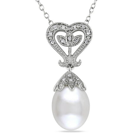 Miabella 10-10.5mm White Rice Cultured Freshwater Pearl and Diamond Accent Sterling Silver Heart Pendant, 18