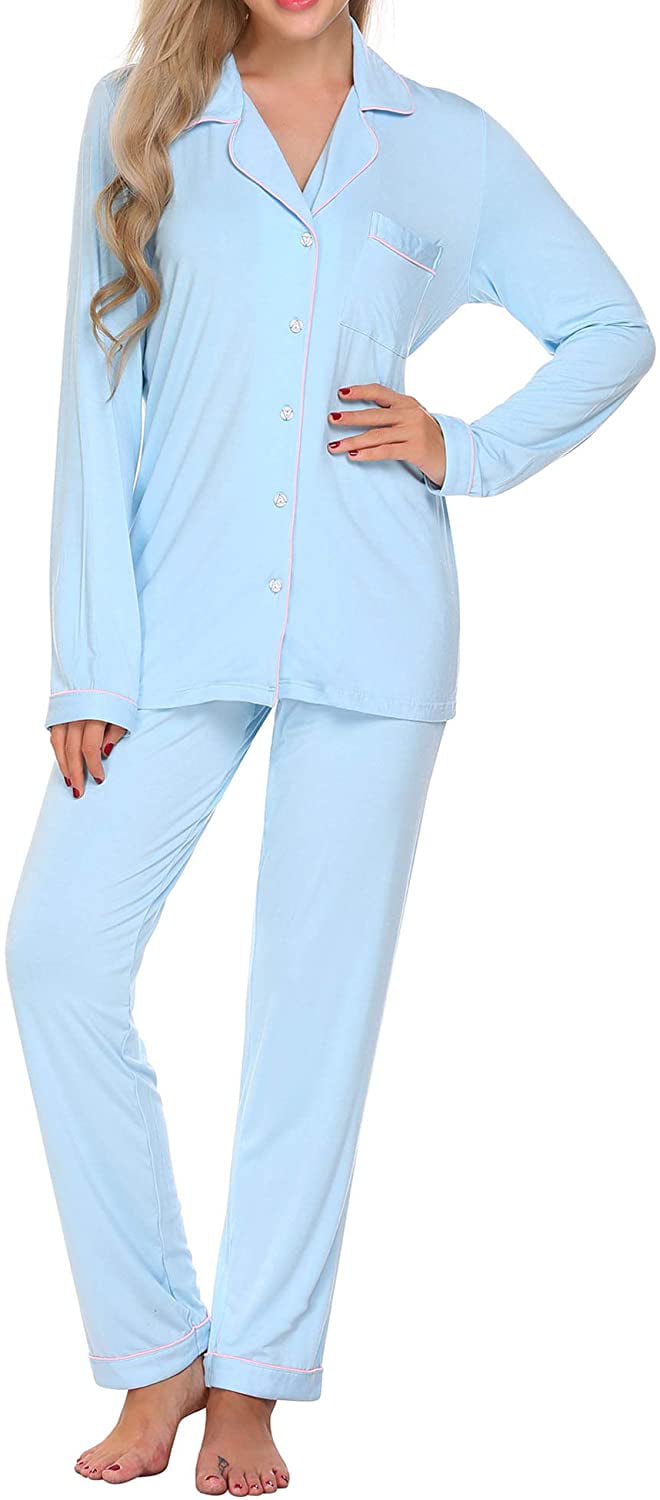 Ekouaer Sleepwear Womens Pajamas Set Long Sleeve Pjs Cotton Loungewear with Buttons XS-XXL