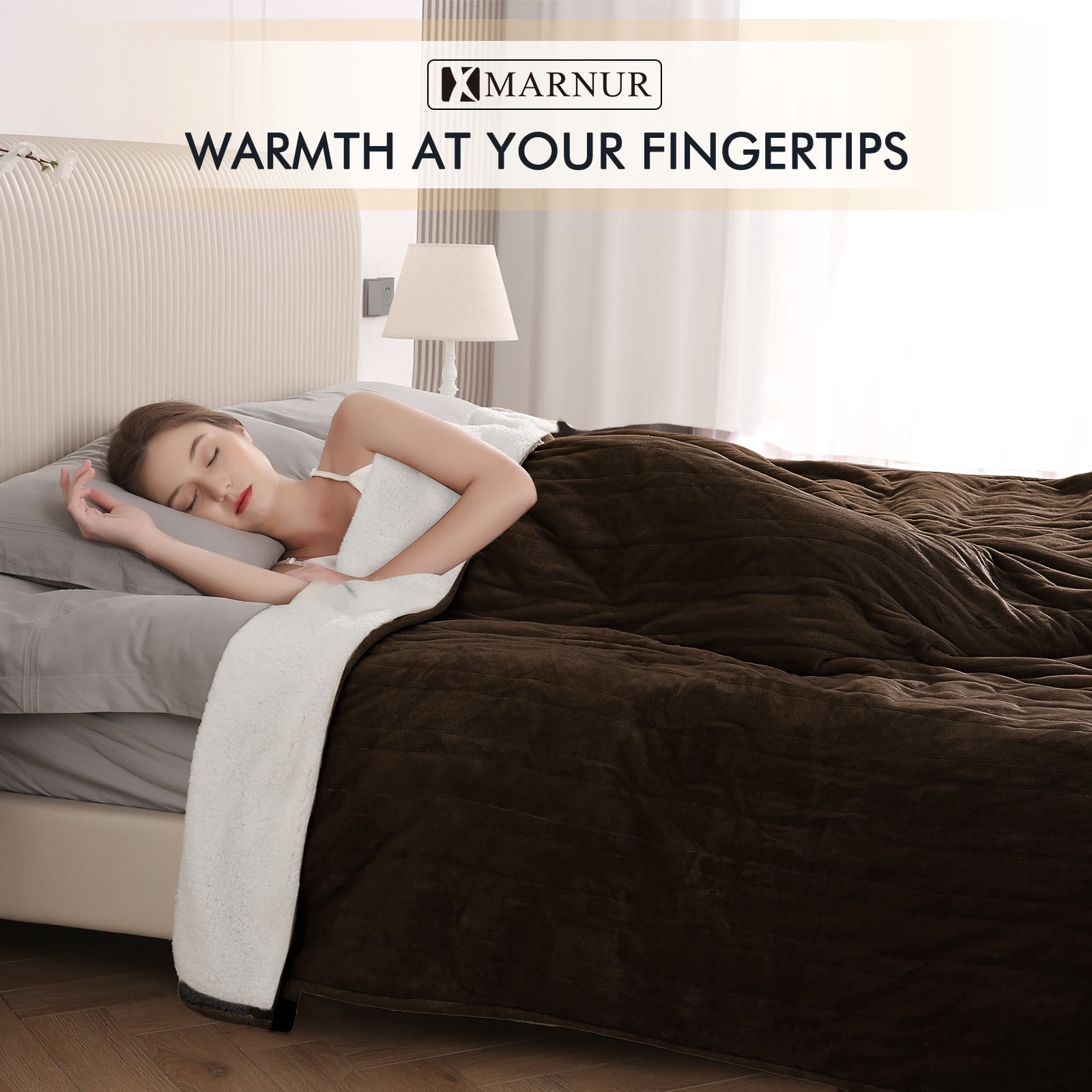 MARNUR Heated Blanket Queen Size 84''x90'', Fast Heating with Dual Controllers Electric Blanket, 10 Heating Levels, 10H Timer, Preheat Function - Brown