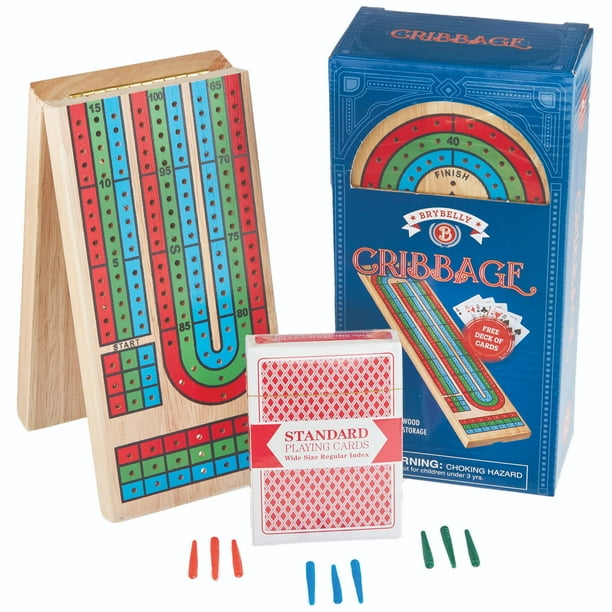 Brybelly Cribbage Juego de mesa - Juego de mesa tradicional de madera Clavijas de plástico con diseño clásico de 3 pistas - Baraja estándar de naipes incluida - Almacenamiento portátil plegable