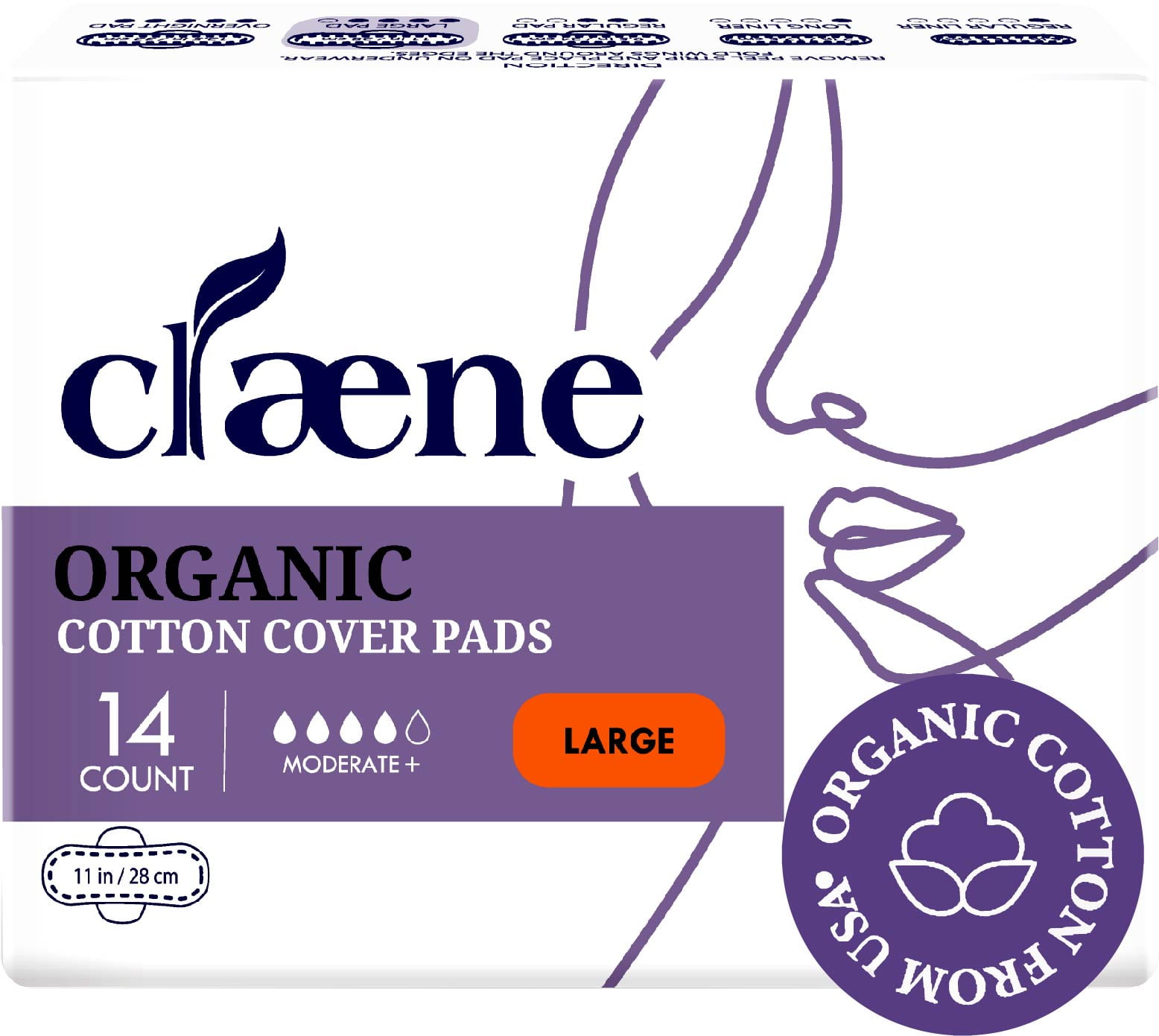 Claene Organic Cotton Cover Pads, Unscented, Sanitary Napkins with Wings (Large, 1 Pack, Total 14)