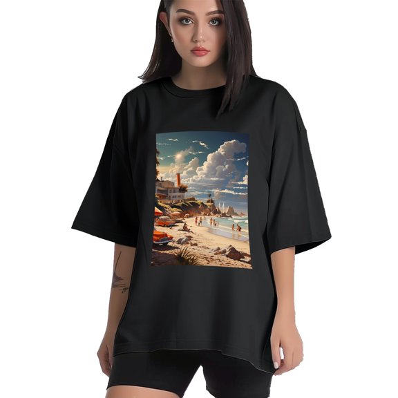 Plus Size Shirt for Women Black Tops for Women Short Sleeves Shirt for Women Seaside (5) T Shirt Crewneck Shirt for Women XS