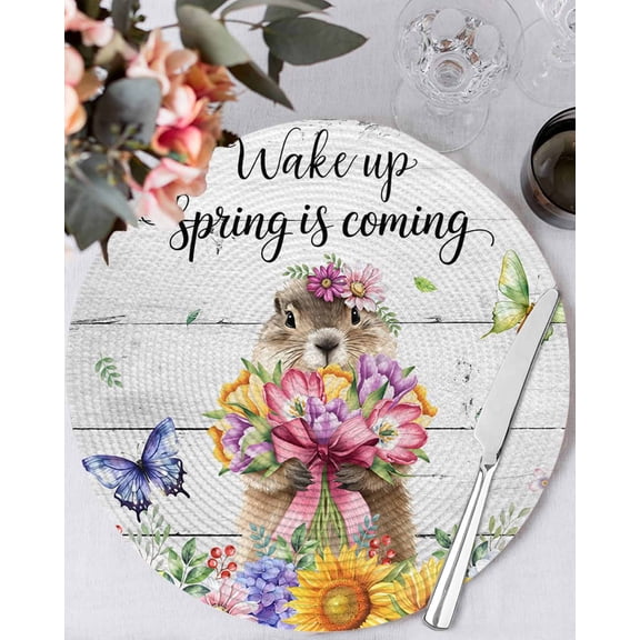 13 Inch Round Placemats Set of 4, Spring Groundhog Non Slip Heat Insulation PP Table Mats, Watercolor Sunflower Botanical Vintage Washable Place Mats for Kitchen Dining Party Table Decor