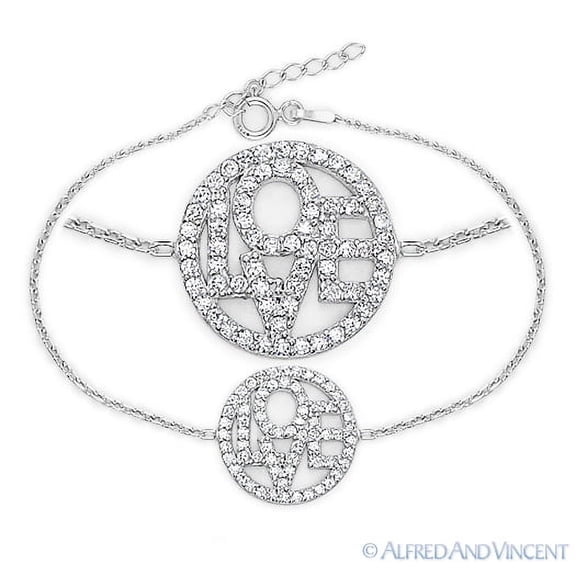 "Love" Circle Charm Bracelet w/ CZ Crystals in .925 Sterling Silver