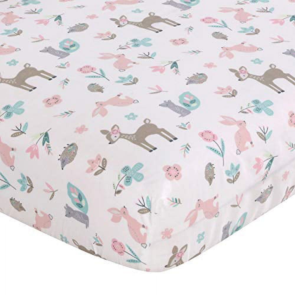 Levtex Baby - Everly Crib Bed Set - Baby Nursery Set - Aqua Blush Grey Teal - Woodland Deer and Friends - 5 Piece Set Includes Quilt, Fitted Sheet, Diaper Stacker, Wall Decal & Bed Skirt/Dust Ruffle