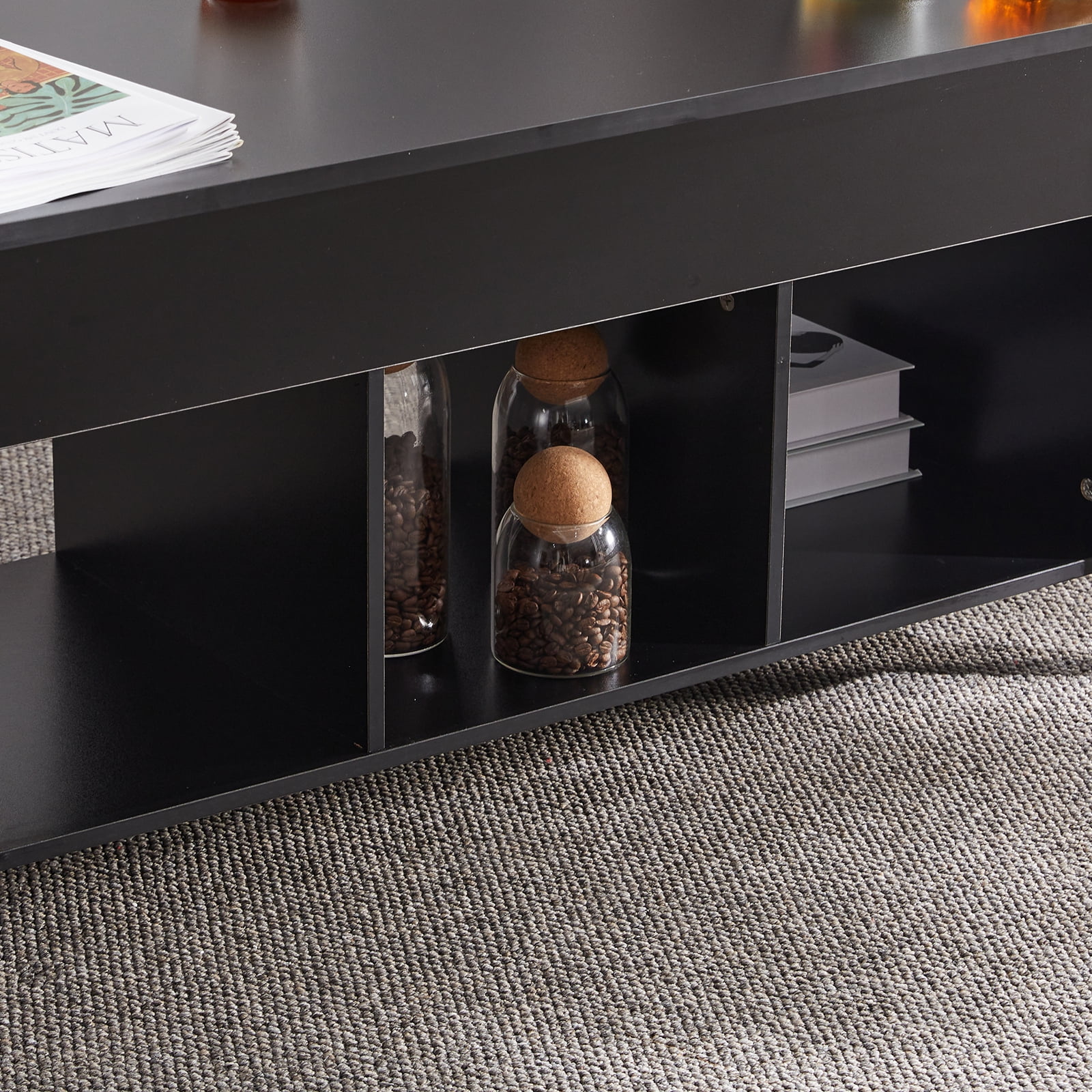 Kadyn Lift Top Coffee Table (with 3 Storage Rooms), Pop-up Coffee Table for Living Room, Wooden Lifting Top Central Coffee Table, Black Kadyn Lift Top Coffee Table (with 3 Storage Rooms), Pop-up Coffee Table for Living Room, Wooden Lifting Top Central Coffee Table, Black
