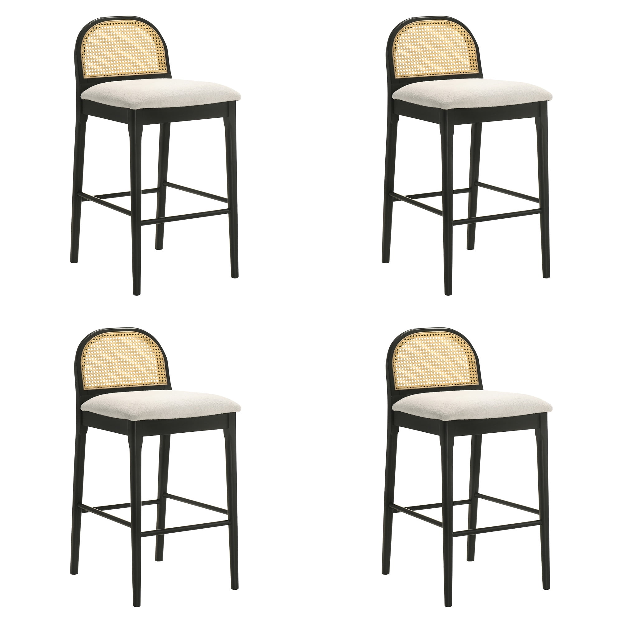 Lucio Modern Farmhouse Wood Bar Height Kitchen Bar Stool in Black Finish with White Boucle Fabric Upholstered Seat - Set of 4