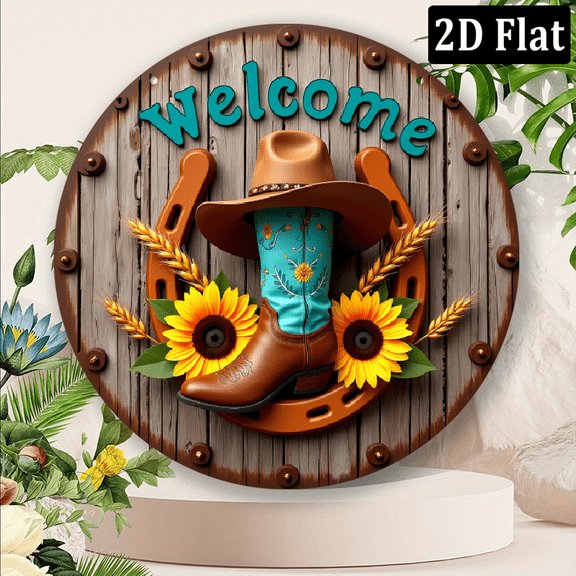 Wllo0ord 2D Flat Welcome Cowboy Boots Metal Tin Poster 8x8Inch Are Wall Decor New USA Flag Wall Door Hanging Sign Rustic Decor for Outdoor Front Porch Front Door