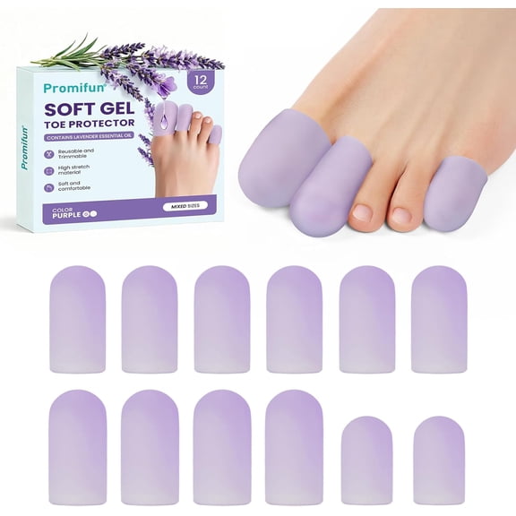 Promifun Silicone Toe Protectors Soft Gel Toe Protectors Caps Ingrown Toe Sleeves Toenails Blisters Pain Relief,12 Pcs,Multi-Size,Purple
