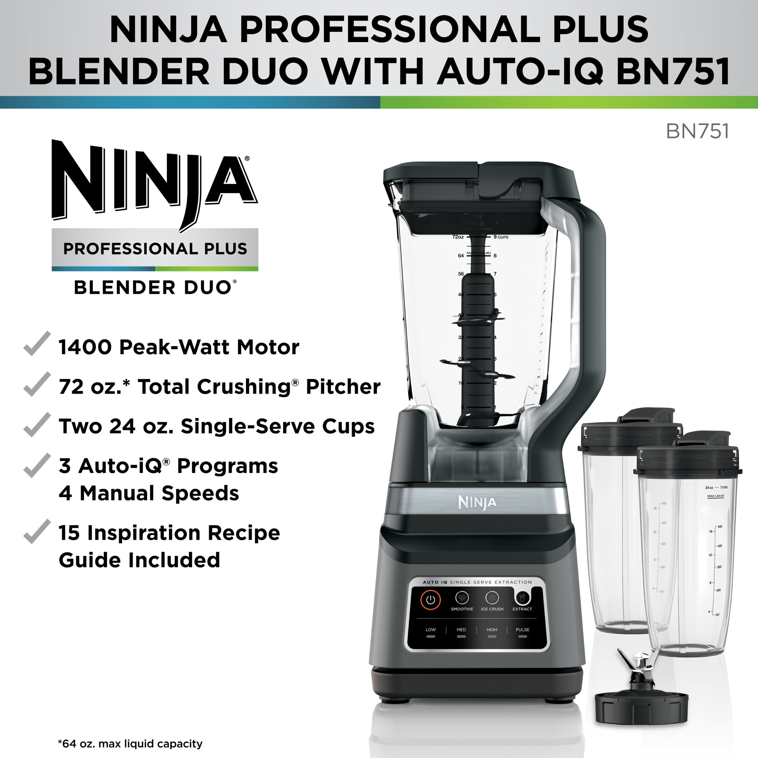 Ninja BN751 Pro Plus Blender DUO with Auto-IQ - 1400W Power, Total