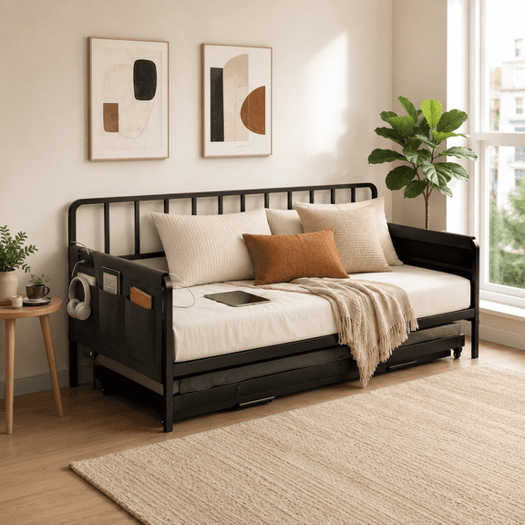 LIKIMIO Twin Daybed with Trundle, Charging Station, LED Lights & Storage Bags, Sturdy Metal Sofa Bed for Bedroom/Guest Room