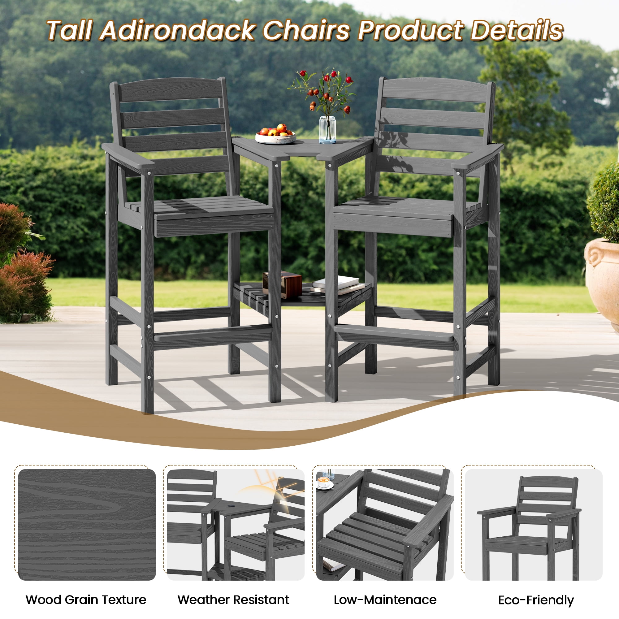 SERWALL Tall Adirondack Chairs Set of 2 with Connecting Table, HDPE Adirondack Outdoor Barstools, Grey