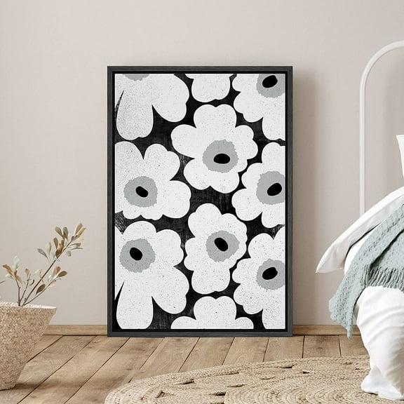 PixonSign Framed Canvas Print Wall Art White Daisy Collage Nature Wilderness Illustrations Modern Art Contemporary Dramatic Dark Black and White for Living Room, Bedroom, Office - 16"x24" Black
