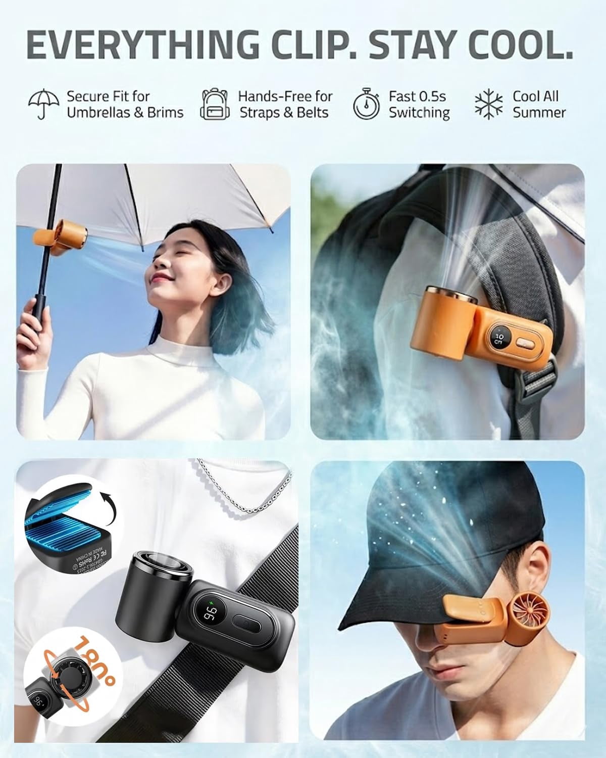 Mini Portable Handheld Clip Fan, Rechargeable 3000mAh Battery, 5 Speeds, 180° Adjustable USB Personal Desk Fan for Stroller, Travel, Camping, Office & Baby