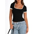 thumbnail image 5 of Womens Summer Casual Short Sleeve Ribbed Knit Square Neck Color Block Slim Fit Basic Crop Tops, 5 of 9