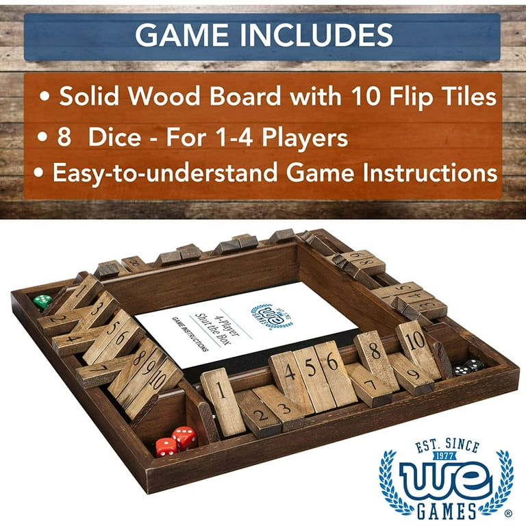 We Games 4 Player Shut The Box Dice Game - 14 inches Walnut Wood (Brown) –  1 to 4 Players 