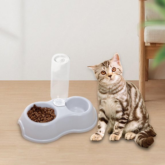 Pets Water and Food Bowl Set Small Animals Watering Double Cats Dogs Bowls Gray