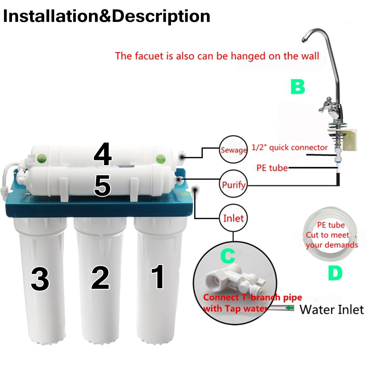 Premium 5 Stage Undersink Water Filter System Driking Home Membrane