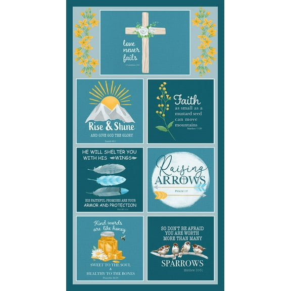 24" X 44" Panel Love Never Fails Bible Verses Blue Cotton Fabric D761.53