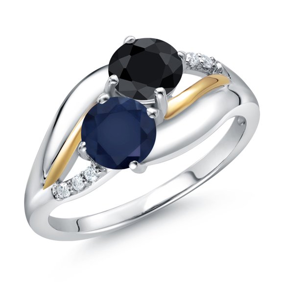 Gem Stone King 925 Sterling Silver and 10K Yellow Gold Blue Sapphire Black Sapphire and Lab Grown Diamond 2 Stone Engagement Ring for Women (1.33 Cttw, Round, September Birthstone, Size 6)