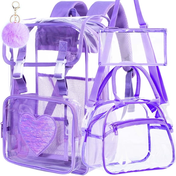 AGSDON 3PCS Clear Backpack, Heavy Duty Transparent Bookbag for Women Girls, Stadium Approved See Through Backpack Set (Purple Sequins)