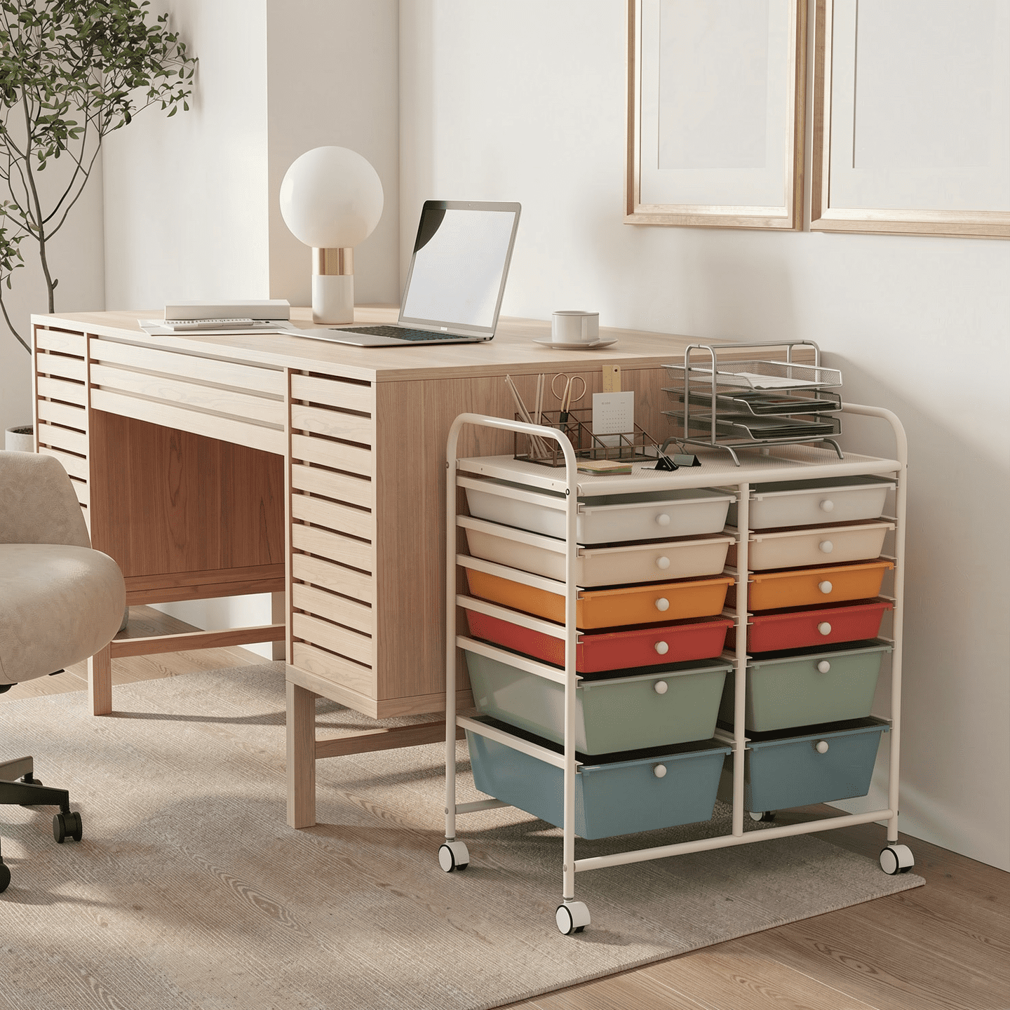 Furnibear 12 Drawer Rolling Storage Cart Studio Organizer Metal Utility Cart on Wheels with Removable Drawers and Lockable Wheels for Home Office Craft Room and Classroom, Deep Multicolor