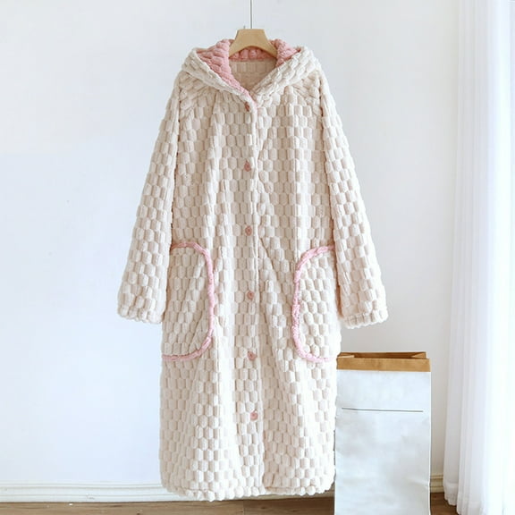 Fanxing Flannel Thickened Robe Women Cute Fluffy Soft Hooded Bathrobe Winter Warm Sleepwear Nightwears Beige L