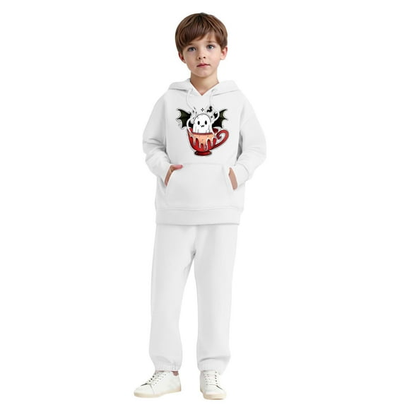 SYMOID Boys White Ghost Graphic Hoodie & Jogger Set, 2-Piece Tracksuit for Kids Hall-oween Outfit & Casual Tops,Size 4 T