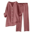 thumbnail image 1 of Conjuntos de 2 piezas para mujer: blusa de pierna ancha y pantalones elásticos. Camisa informal con cuello en V y bolsillos. Ropa urbana para todas las estaciones., 1 of 4