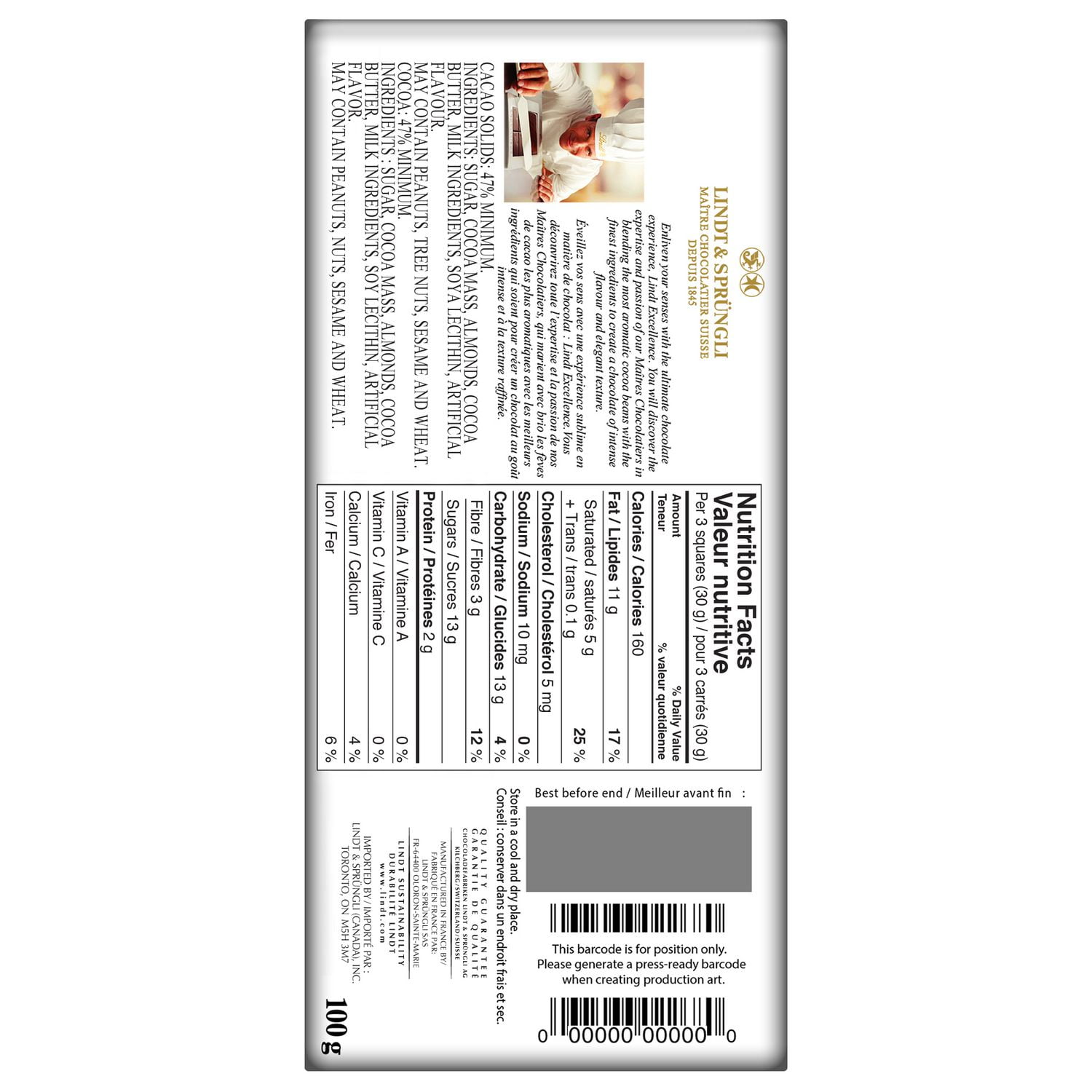 Lindt EXCELLENCE Roasted Almond Dark Chocolate Bar, 100 Grams, 100 g