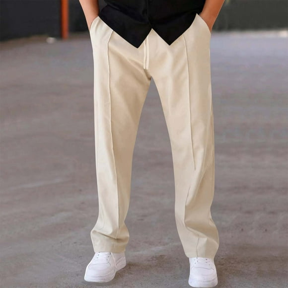 Amzcrzy Pantalones Hombre Clásicos Suaves Color Liso Trabajo Informales Ligeros Pierna Recta Cintura Elástica Holgados Cómodos Con Bolsillos Tallas M-3XL Beige