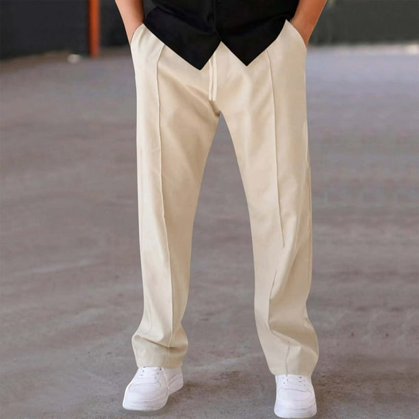 Amzcrzy Pantalones Hombre Clásicos Suaves Color Liso Trabajo Informales Ligeros Pierna Recta Cintura Elástica Holgados Cómodos Con Bolsillos Tallas M-3XL Beige
