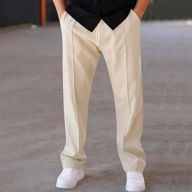 Amzcrzy Pantalones Hombre Clásicos Suaves Color Liso Trabajo Informales Ligeros Pierna Recta Cintura Elástica Holgados Cómodos Con Bolsillos Tallas M-3XL Beige