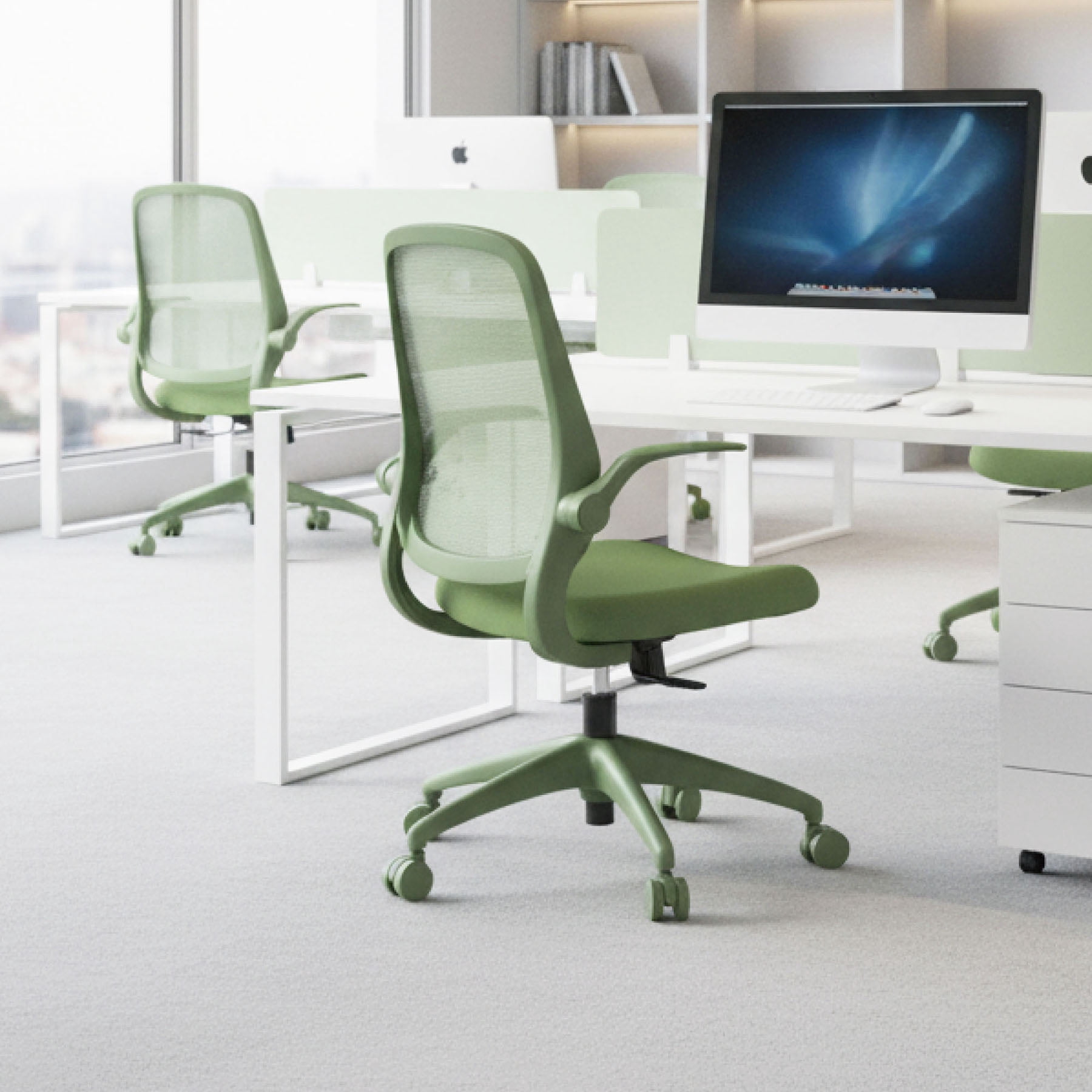 S-HOME Modern Ergonomic Mesh Back Office Chair With Fireproof Nylon Fabric, Rotating Design And Gas Lift For Support, Adjustable Height And Flip-Up Armrests  For Home Offices, Green