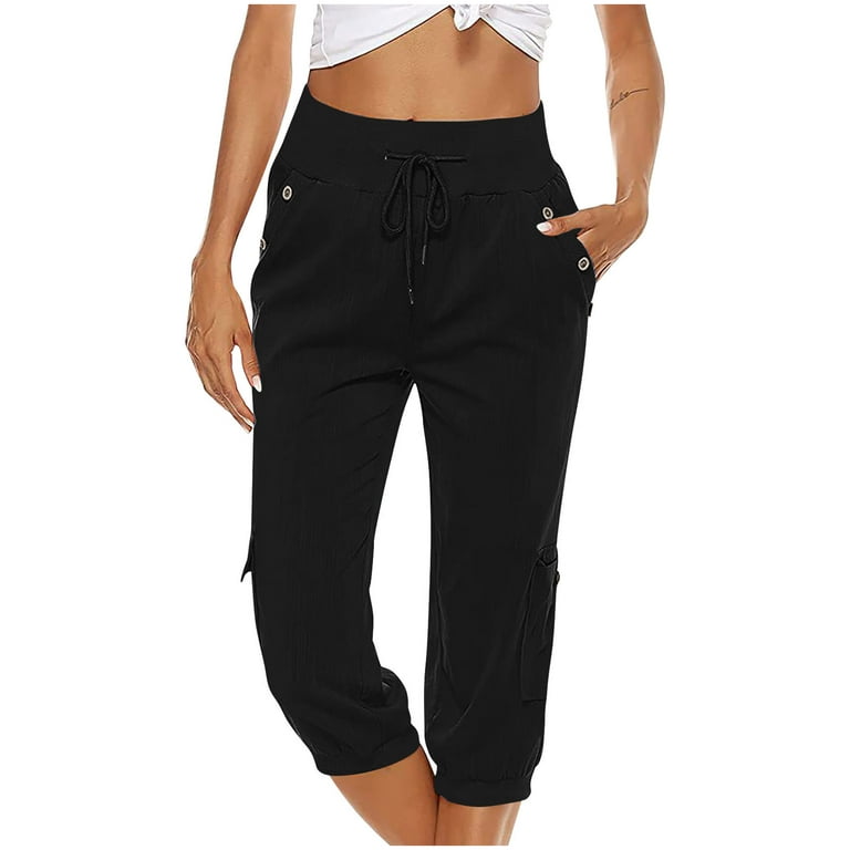 JWZUY Women's Plus Size Drawstring Cargo Capri Pant Lightweight Cotton  Linen Cropped Jogger Pants Summer Pants with Pocket 1-Black Small