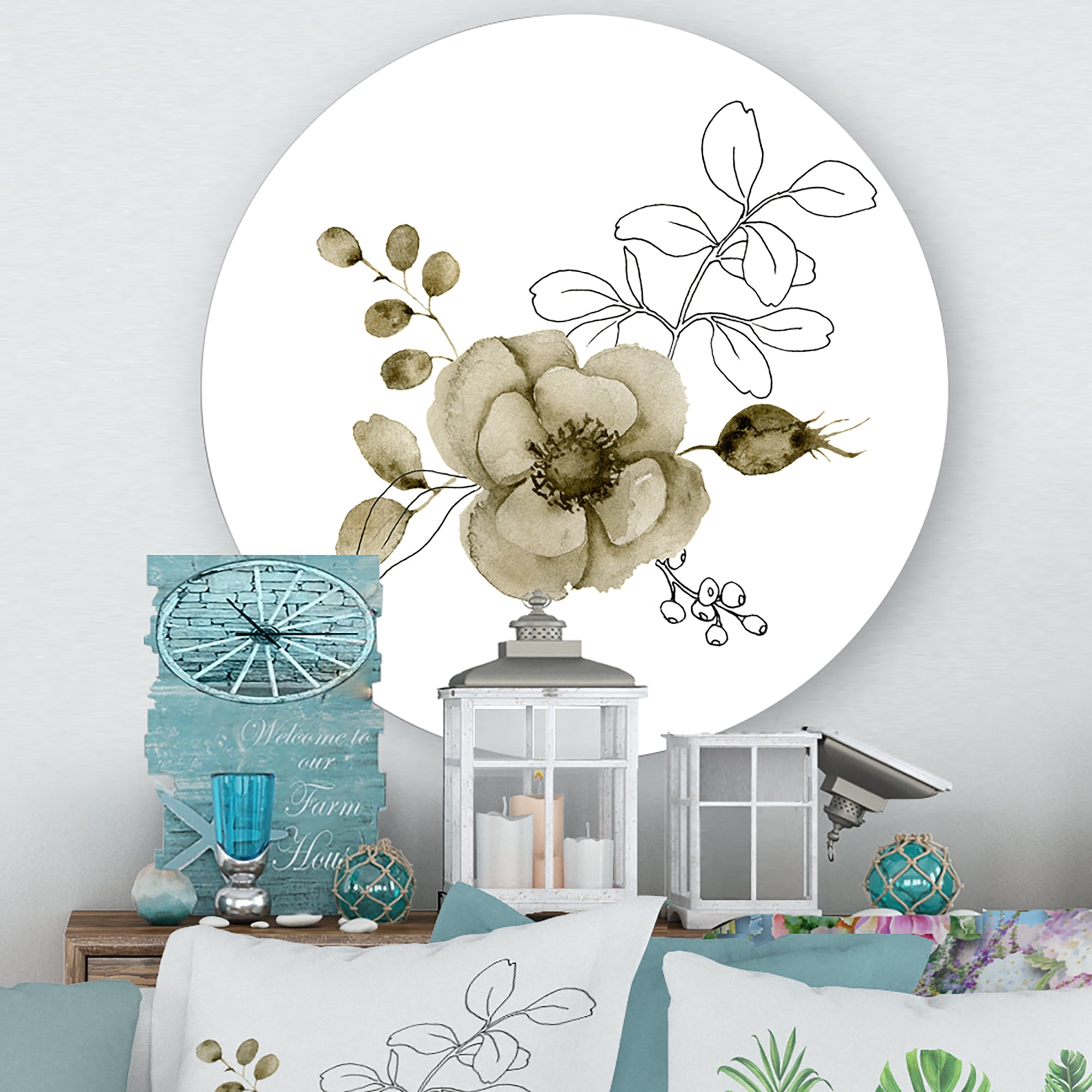 Designart 'Eucalyptus Branches With Anemone Bouquet Flower II' Traditional Circle Metal Wall Art 23x23 - Disc of 23