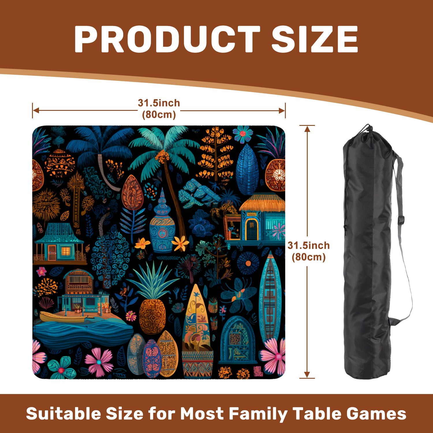Mahjong Mat 31.5" x 31.5" seamless retro exotic brown Non-Slip Noise Reduction American Mahjong Tiles Table Cover for Dominoes Poker Card Board Games Gift