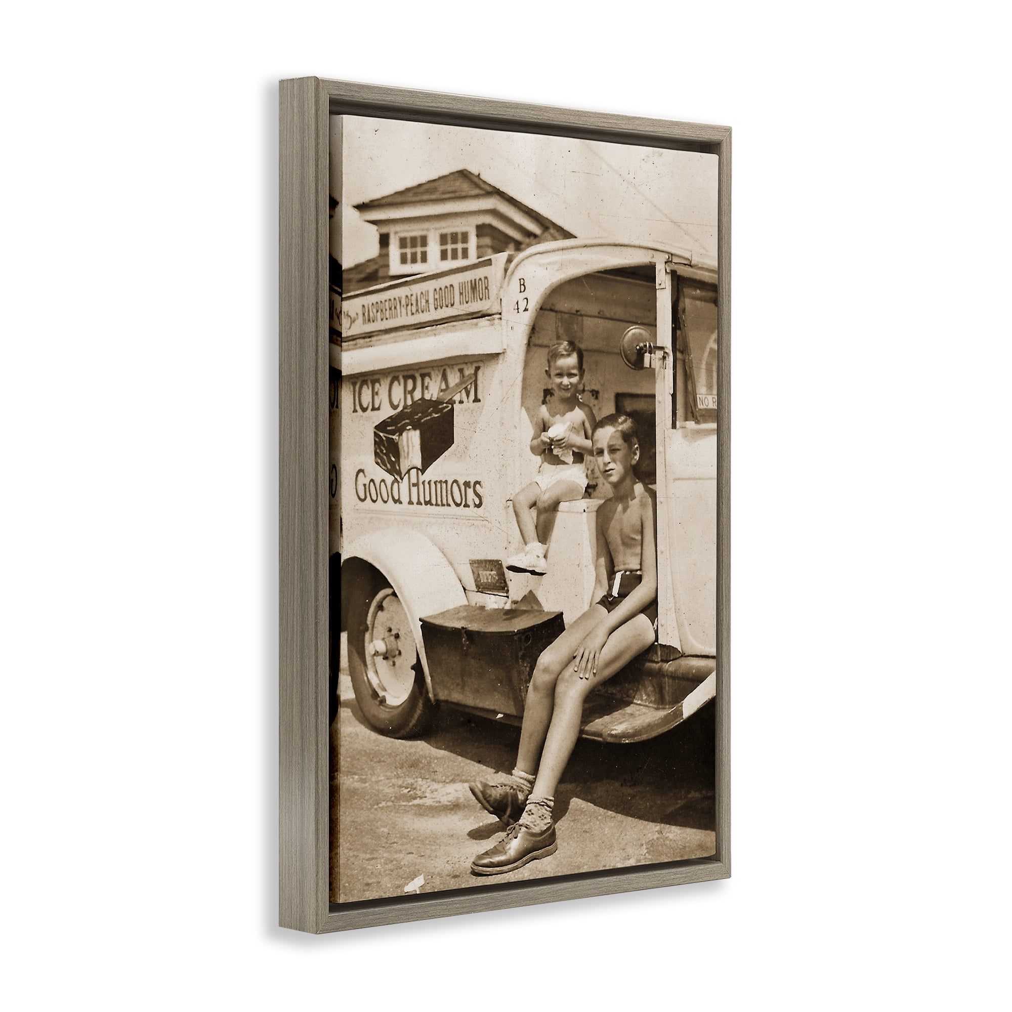 Stupell Industries Vintage Ice Cream Truck Brown Framed Floater Canvas Wall Art, design by Grotto Studios