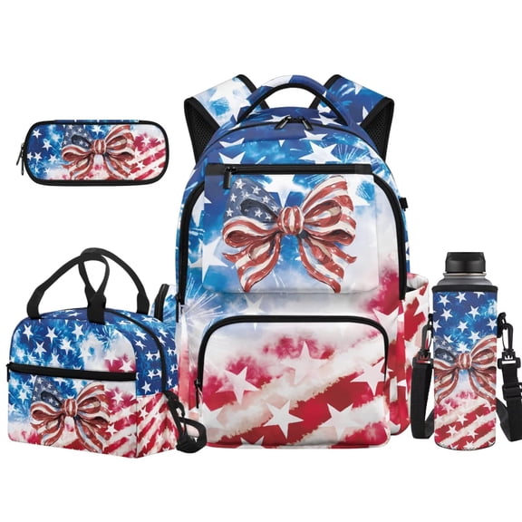 XYZCANDO American Bow 4Pcs School Backpack Set with Portable Lunch Bag Multifunctional Pencil Case Water Bottle Bag Carrier for Elementary Middle School Students