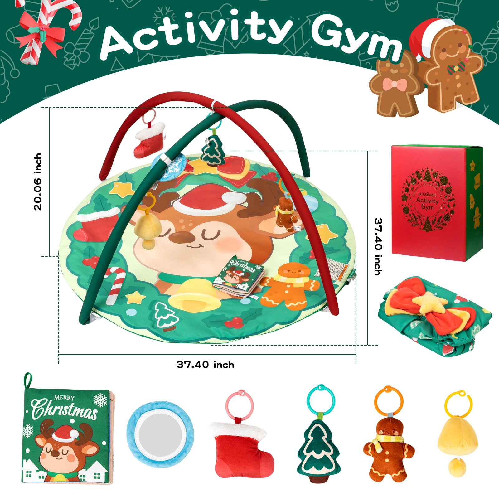 BEINGMATE Care Play Gym Activity Extra Large Baby Playmat for Newborns Infants with 6 Detachable Toys, Christmas