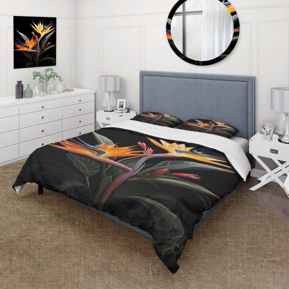 Designart "Paradise of the Birds of Paradise II" Floral & Botanical Bedding Covert Set - Birds Of Paradise Orange Floral Bed Set With 2 Shams